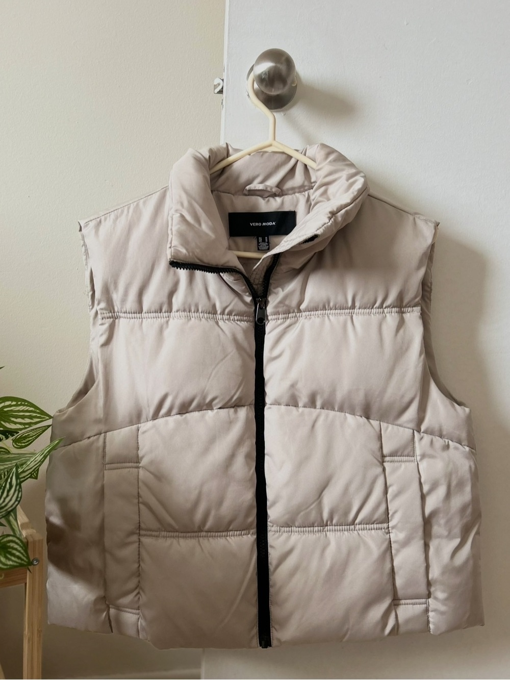 Vero Moda Neutral Beige Quilted Puffer Vest with Black Zip